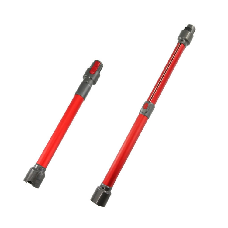 Red metal telescopic vacuum extension rod with connector end and locking button