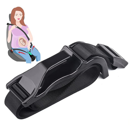 Black seat belt belly protector with adjustable strap and mounting clip for cars
