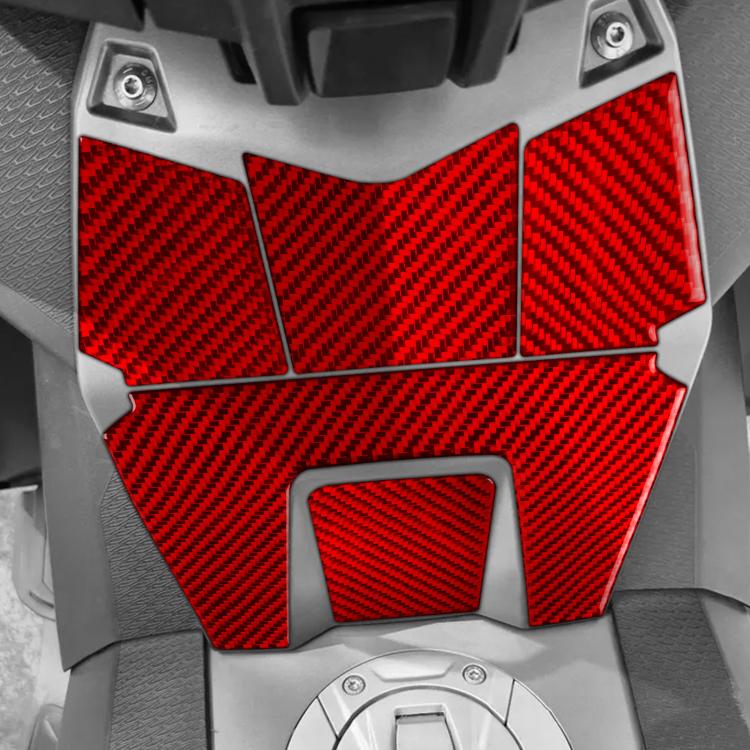Red carbon-fiber fuel tank surround sticker set installed on scooter body