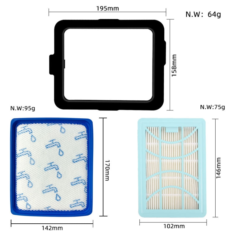 Vacuum filter set with black outer frame, blue media pad, and light blue pleated filter