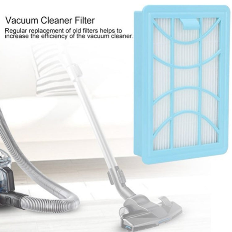 Vacuum air filter with light blue frame and pleated white core for replacement