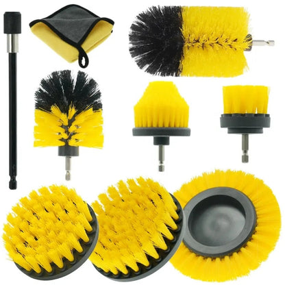 9-piece electric drill cleaning brush set with yellow bristles and black mounting bases