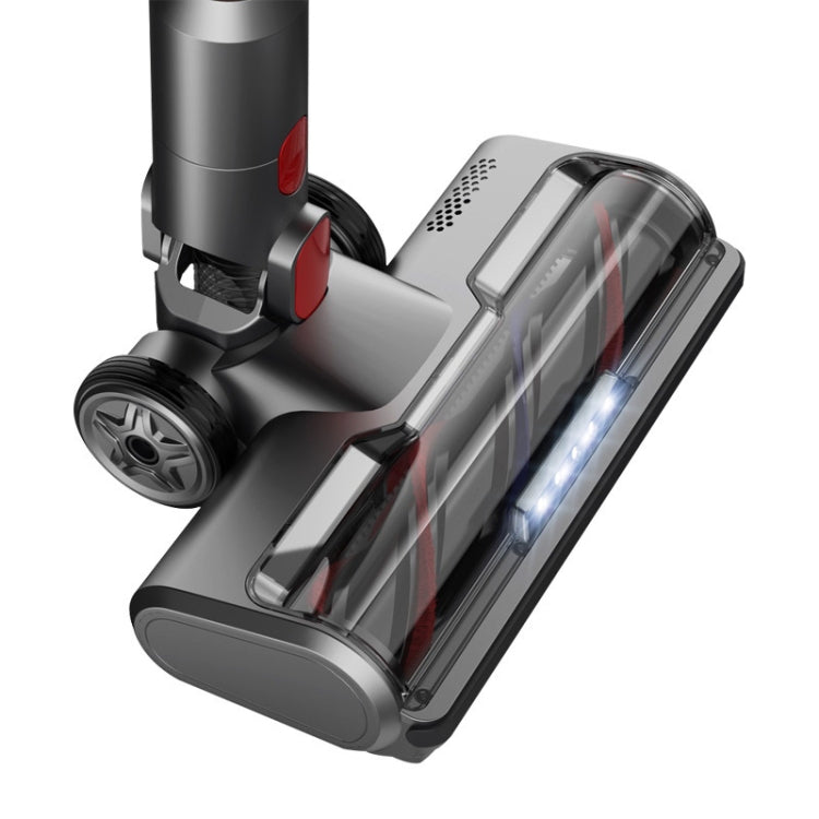 Carpet and floor vacuum brush head with rotating roller and side wheels, dark gray and red