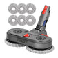 Electric mop head with two microfiber pads and 6 gray rag pads, red control button