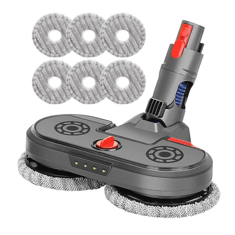 Electric mop head with two microfiber pads and 6 gray rag pads, red control button