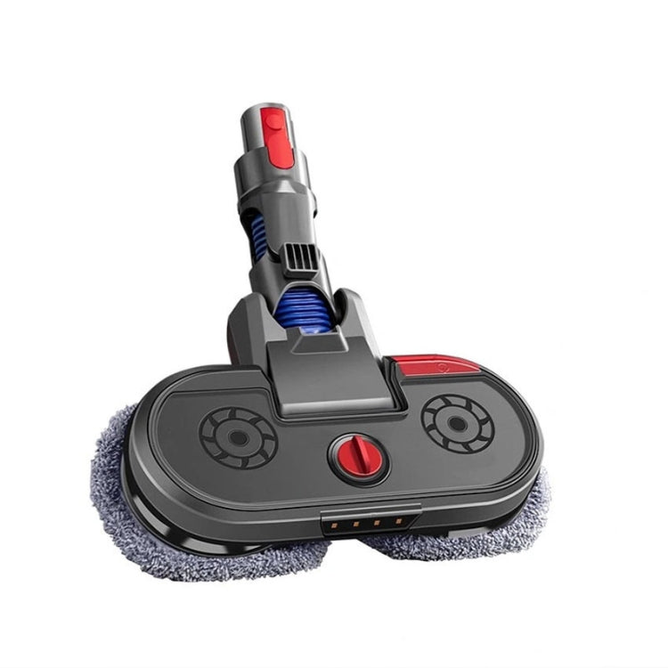 Electric floor mop head with dual side microfiber pads and red center button, gray body