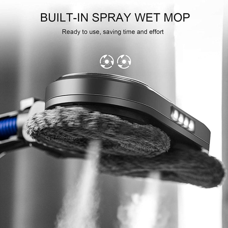 Built-in spray wet mop head spraying mist onto microfiber pad, with LED light strip