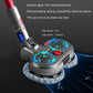 Electric rotating mop head with dual microfiber pads, blue motion airflow lines and red button