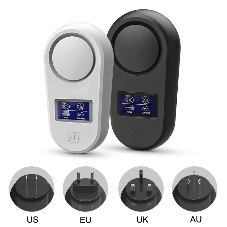 White and black ultrasonic insect repellent devices with US, EU, UK, and AU plugs.