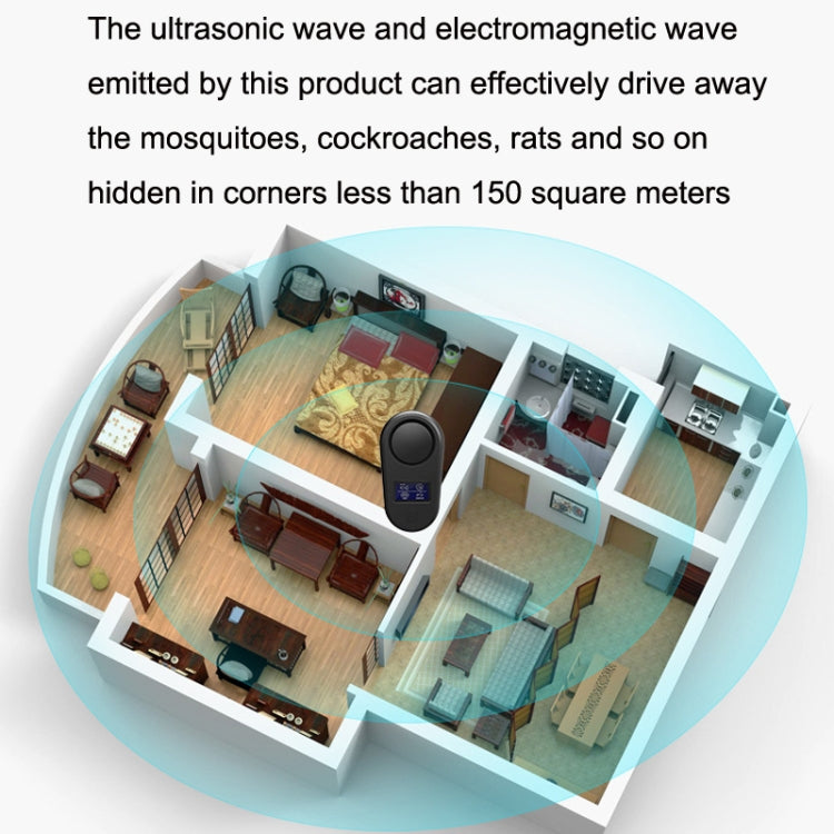 Ultrasonic pest repellent device with round speaker grille, shown with coverage map