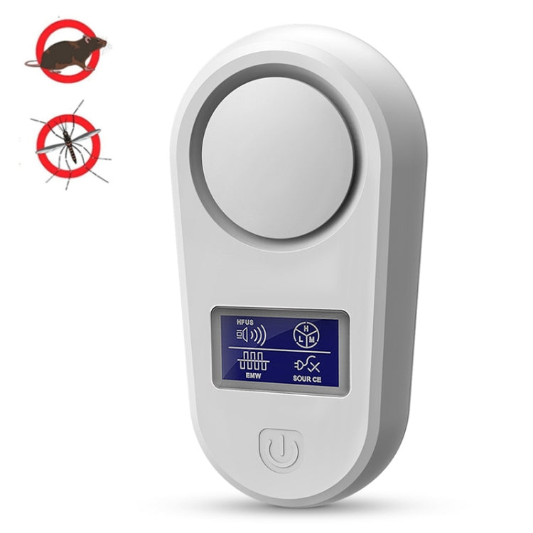 White ultrasonic insect repellent device with circular top button and blue display.
