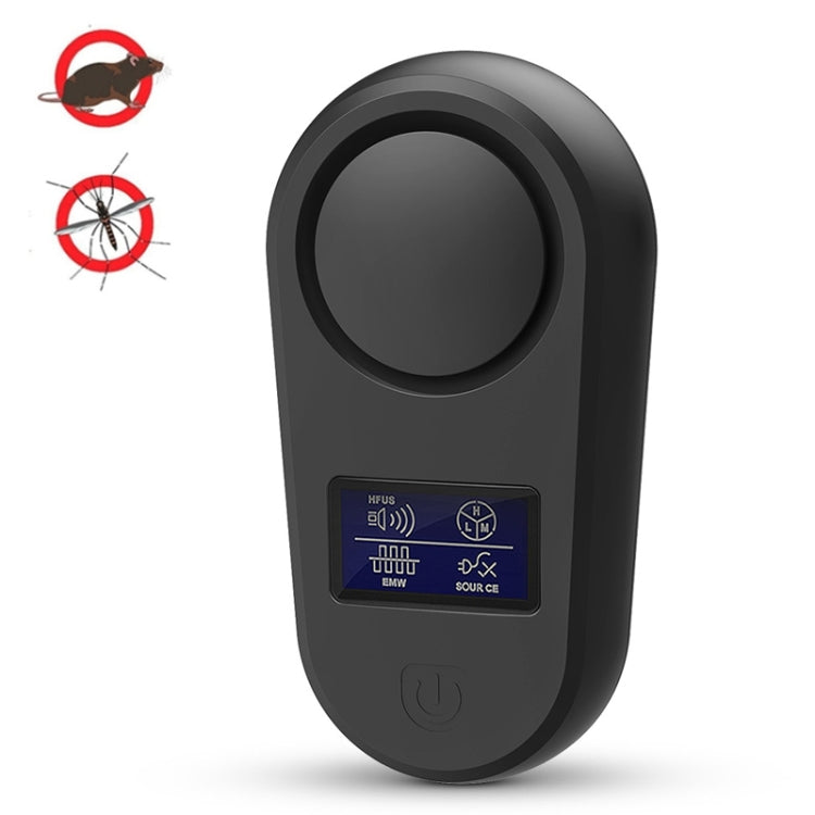 Black ultrasonic pest repellent with rounded body, circular top, and blue controls.