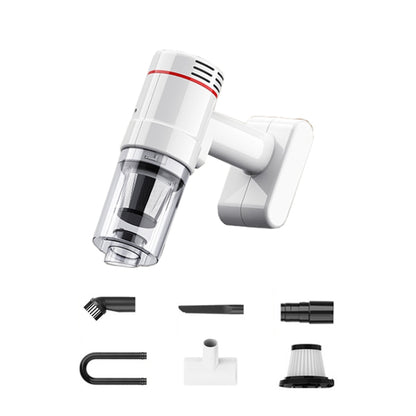 Handheld vacuum cleaner with clear dust cup and white base plus assorted brush nozzles