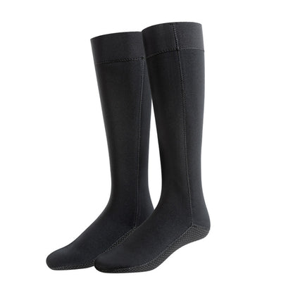 Pair of long black diving socks with smooth ankle-to-calf fit and stitched seams