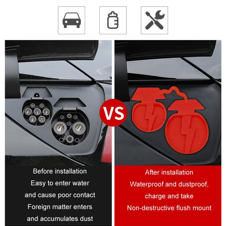 Silicone charging port covers before-and-after install: black vs red conjoined caps