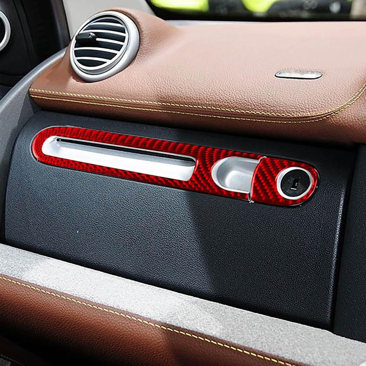 Glove box handle trim sticker set with red carbon fiber surround and chrome handle