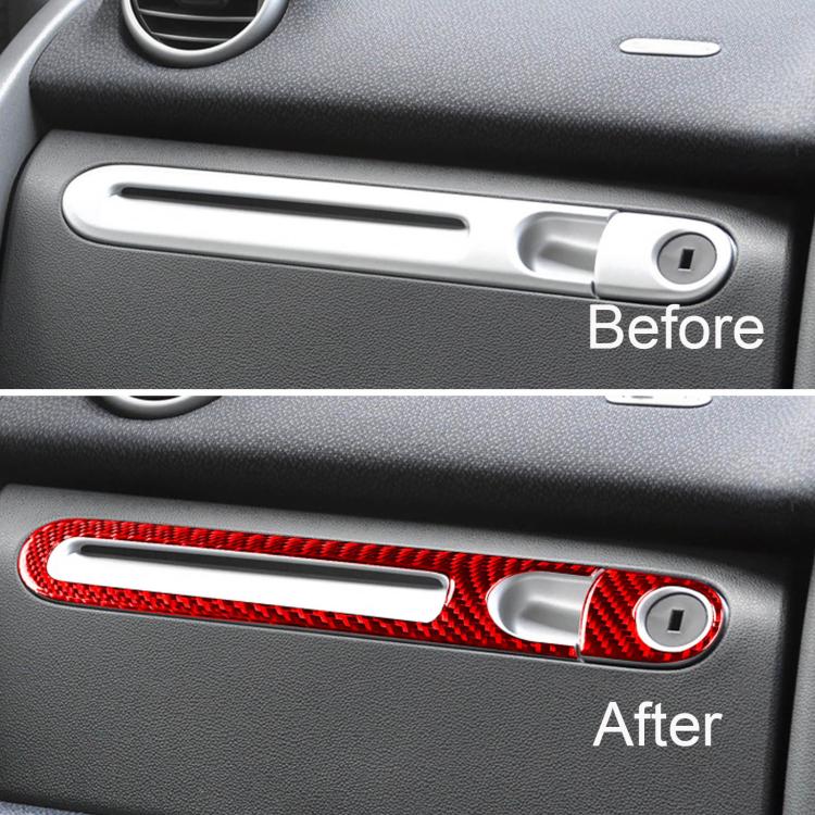 Glove box handle trim sticker set with red carbon fiber strip and round lock button