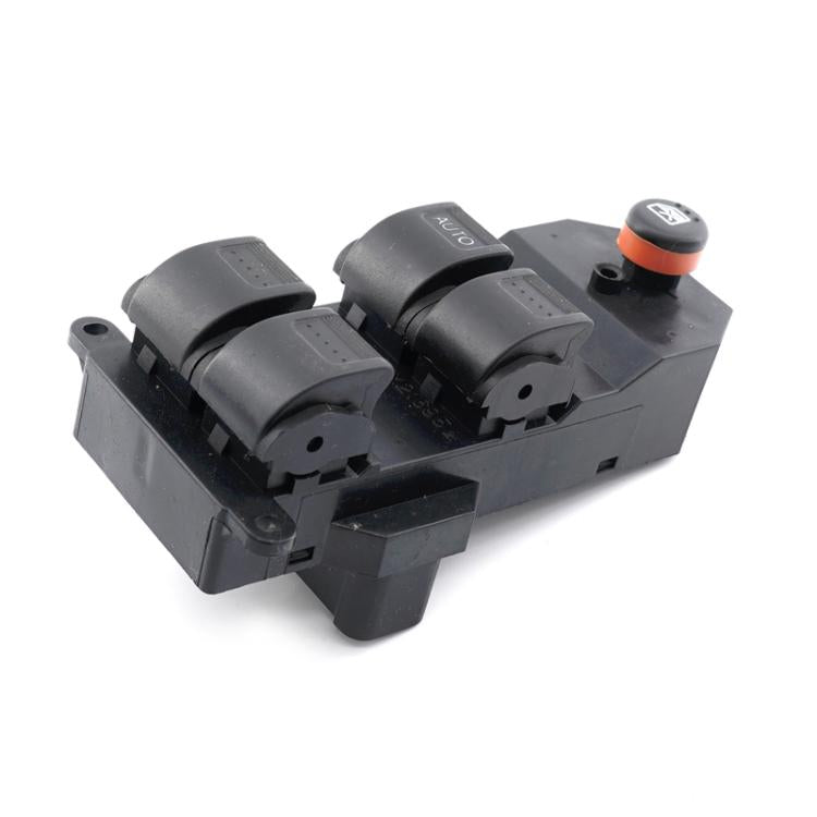 Black power window switch assembly with four rocker controls and orange reset knob