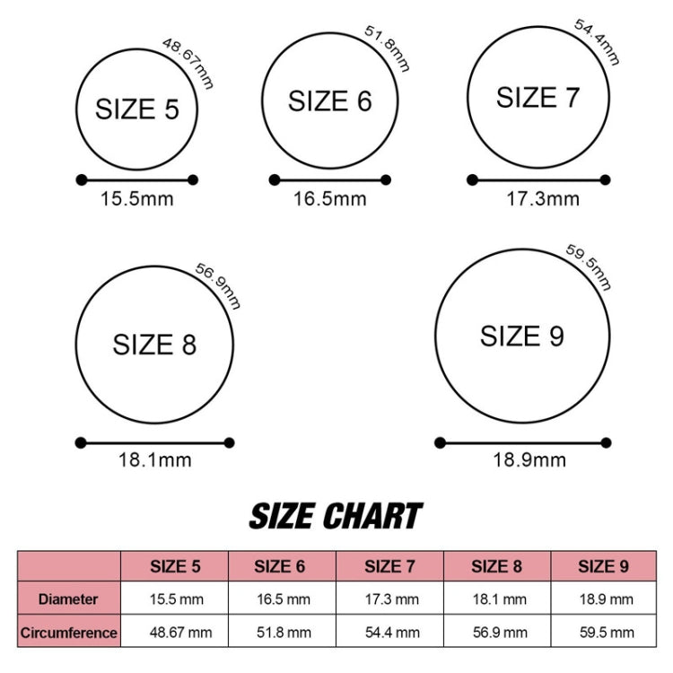 Ring size chart with diameter and circumference for sizes 5 to 9