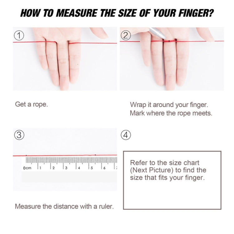 Instructions to measure finger size using rope, then ruler and size chart