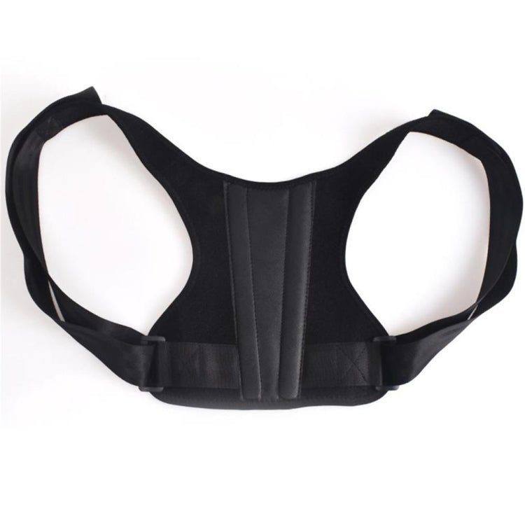 Black adjustable posture corrector with padded shoulders, side straps, and center support panel