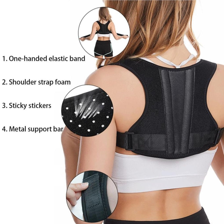 Posture corrector detail: foam shoulder straps, metal bar, and sticky back patch