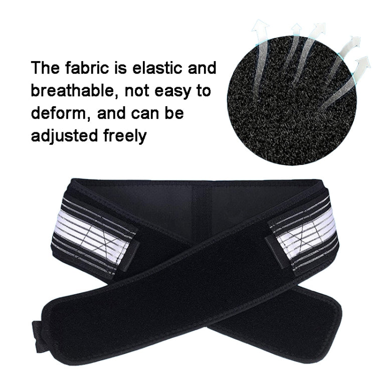 Black pelvic correction belt with elastic breathable mesh texture and striped side panels
