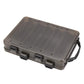 Double-sided translucent bait organizer toolbox with dark gray frame, hinged latches, handle