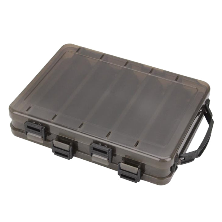 Double-sided translucent bait organizer toolbox with dark gray frame, hinged latches, handle