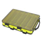 Double-sided translucent bait organizer toolbox with yellow-green frame, hinged latches, handle