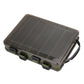 Double-sided translucent bait organizer toolbox with dark gray-green frame, latches, carry handle
