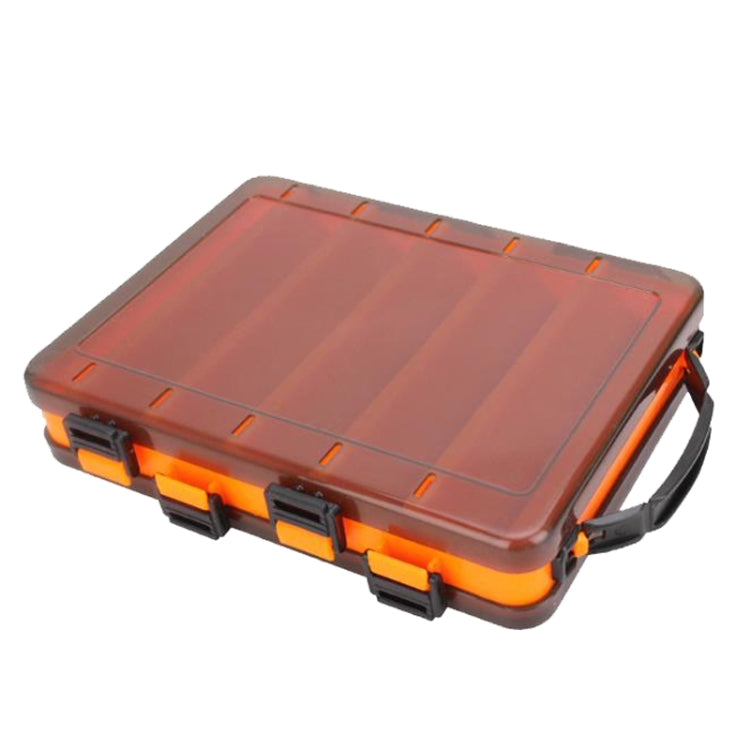 Double-sided translucent bait organizer toolbox in orange with hinged latches and side handle