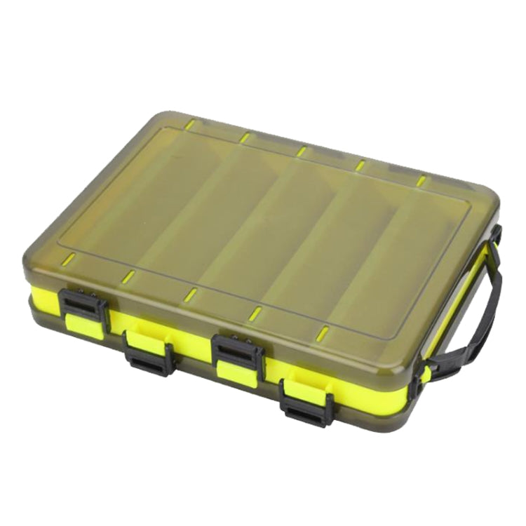 Double-sided translucent bait organizer toolbox with lime green edges and secure latch clips
