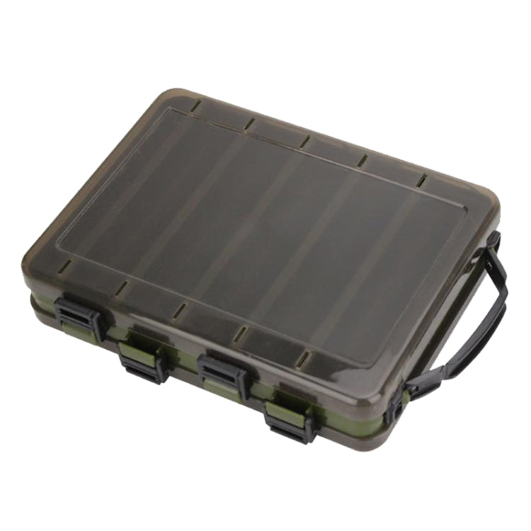 Double-sided translucent bait organizer toolbox with dark gray lid and carry handle
