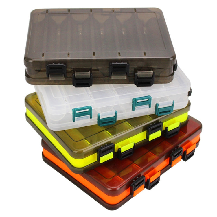 Stacked translucent bait organizer toolbox with grid compartments and green latch clips