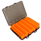 Orange bait organizer toolbox open to reveal ridged grid slots and gray top lid