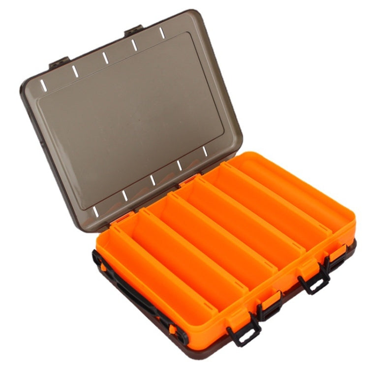Orange bait organizer toolbox open to reveal ridged grid slots and gray top lid