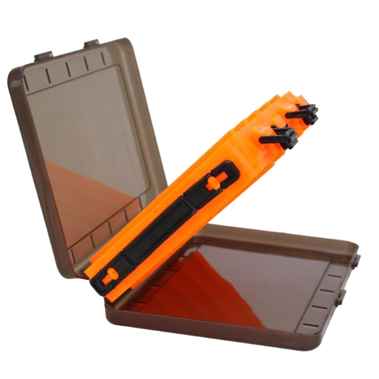 Orange bait organizer toolbox with top lid open and long black latch bar across the front