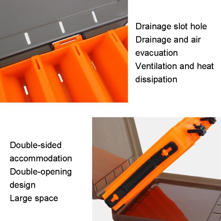 Orange translucent bait organizer toolbox showing interior dividers and side ventilation slots
