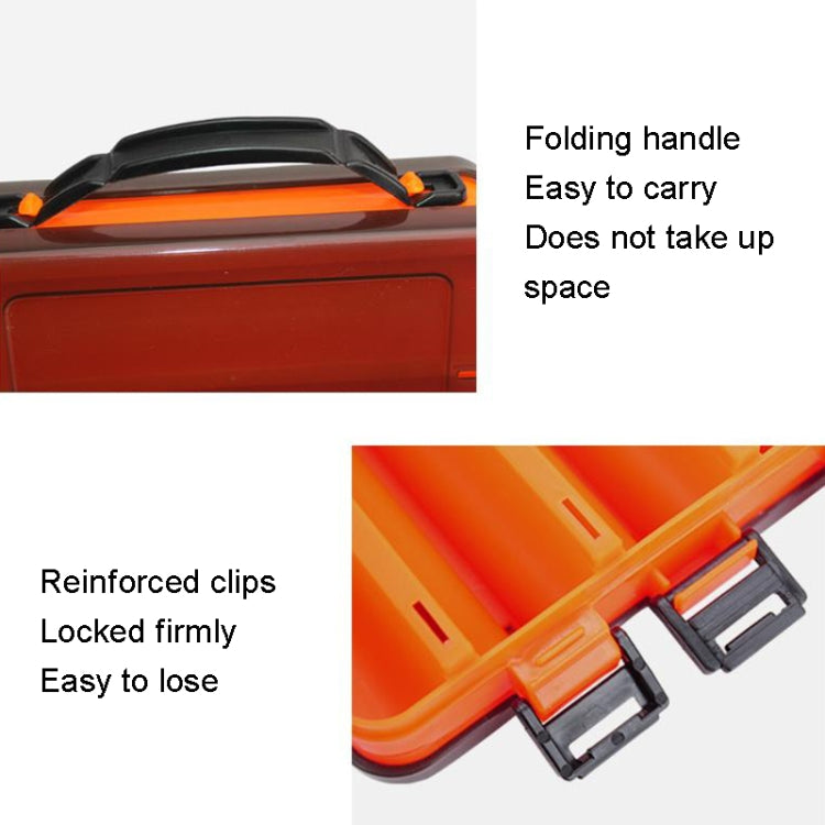 Orange bait organizer toolbox close-up of reinforced black clips and folded carry handle