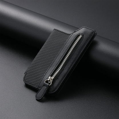 Black PU leather phone card holder wallet with textured flap and zip closure.