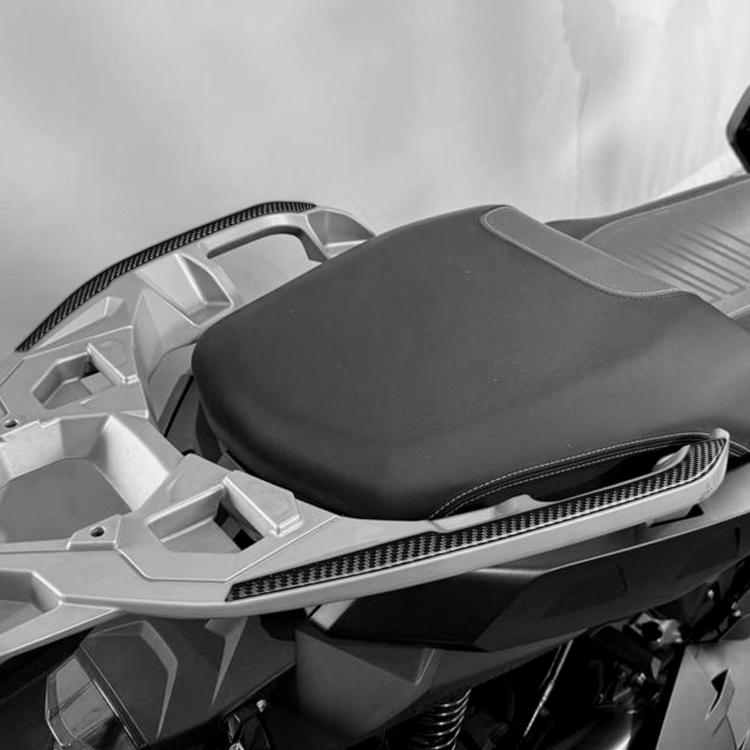 Rear handrail sticker set with black carbon-fiber trim strip on scooter