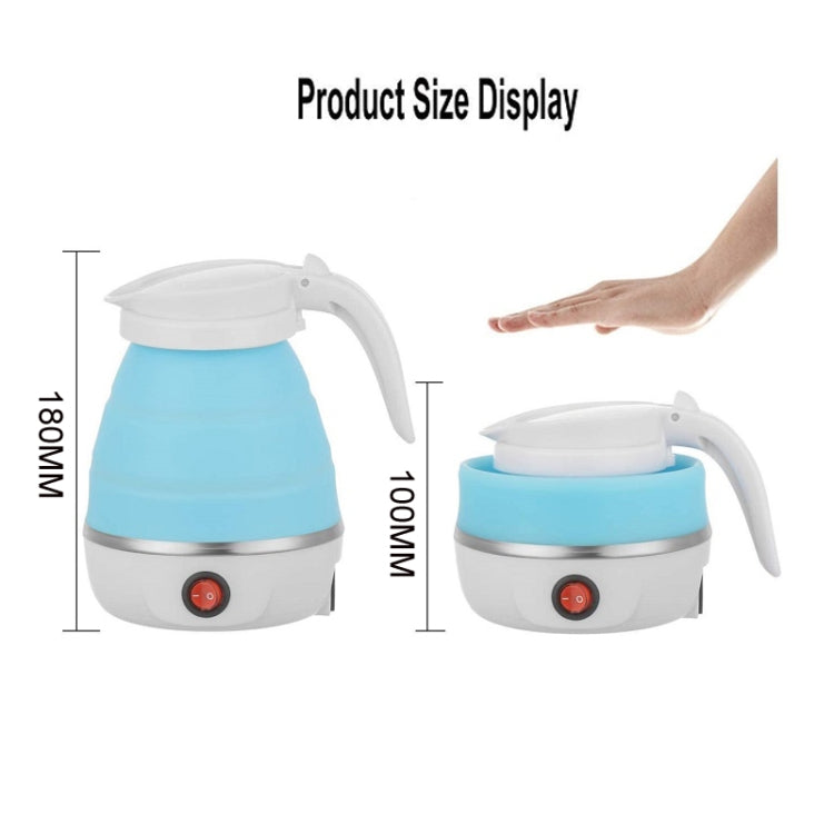 Light blue folding silicone electric kettle with white lid and handle, red power button