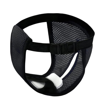 Black breathable anti-harassment dog pants with elastic waistband and adjustable side straps.