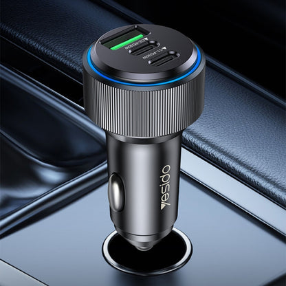 Black car USB charger with ribbed aluminum body and blue accent ring on top ports