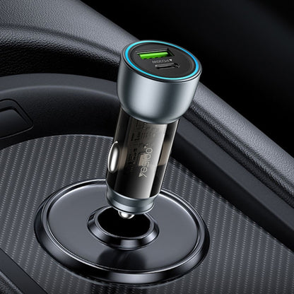 Translucent car USB fast charger with green LED ring, metallic gray plug and base
