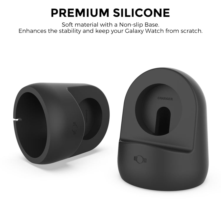 Black silicone charging stand cradle with non-slip base, two-angle view