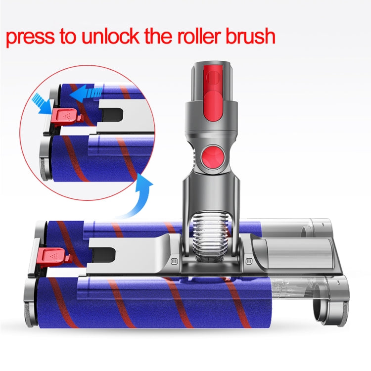 Floor brush head with red release button over blue striped roller brush
