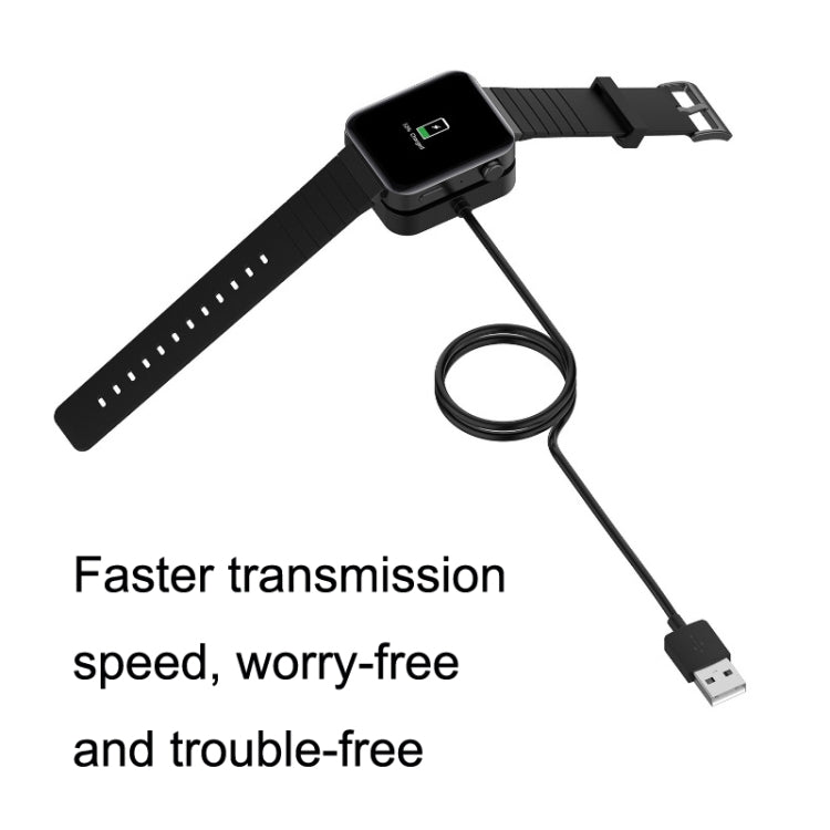 Black wristband-style watch charger with USB cable and charging base