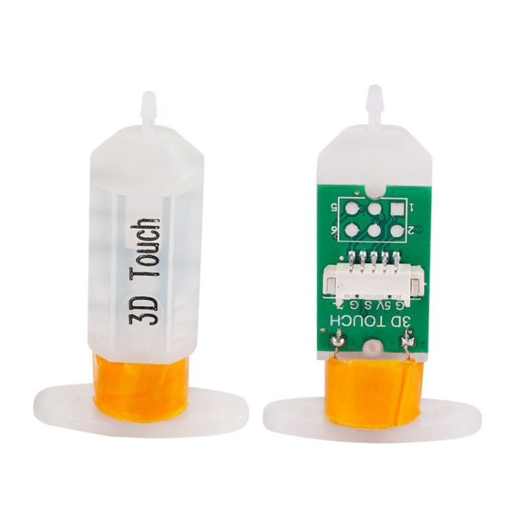 3D printer auto leveling touch sensor, front and back views with green board and orange base